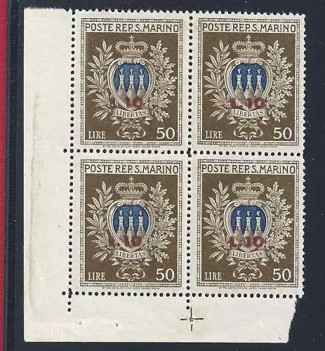 1946 SAN MARINO, Nr. 297 Wappen überdruckt postfrisch/** QUARTINA ADF