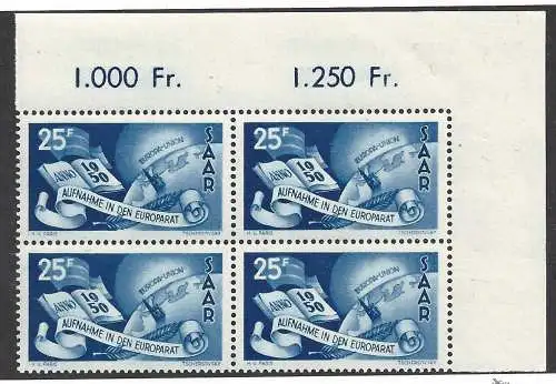 1950 SAARLAND, Nr. 277 Europarat postfrisch ** quartina