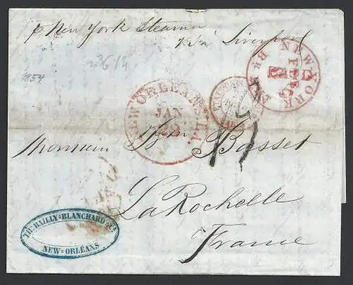 1854 USA Brief von New Orleans nach Frankreich via Liverpool UNFRANKIERT