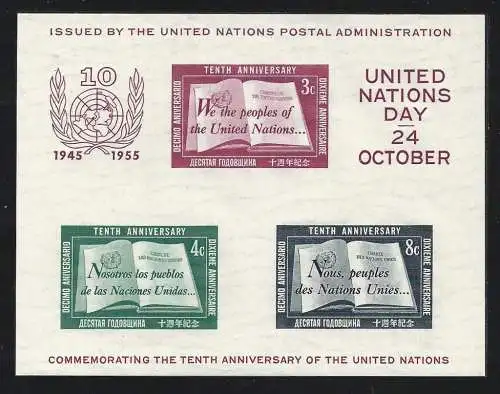 1955 VEREINTE NATIONEN Blatt Nr. 1 - postfrisch**