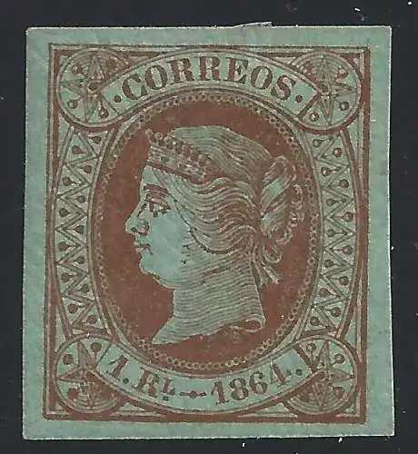 1864 SPANIEN/SPANIEN/SPANIEN, Nr. 63 1 r. braun auf grün MH/*