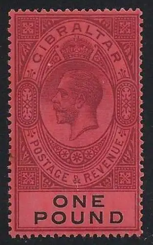 1912-24 GIBRALTAR, Bildnis von Georg V, Nr. 72, 1 £ rot, postfrisch ** signiert Bolaffi