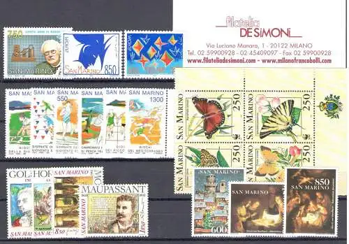 1993 San Marino, Vollständiges Jahr, neue Briefmarken 20 Werte + 2 Blätter - postfrisch**