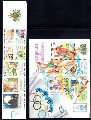 1992 San Marino, Vollständiges Jahr, neue Briefmarken, 21 Werte + 1 Blatt + 1 Heft - postfrisch**
