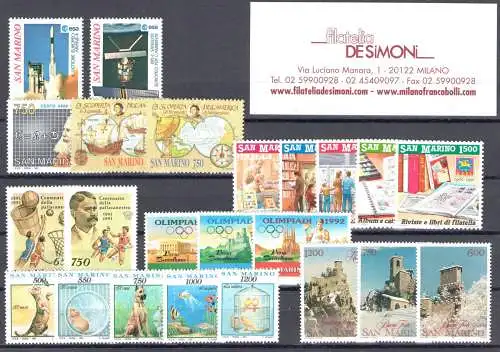 1991 San Marino, Vollständiges Jahr, neue Briefmarken 23 Werte + 1 Blatt - postfrisch**