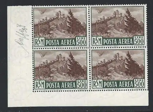 1951 SAN MARINO Ansicht PA 97 Lire 500 braun postfrisch ** Firma Caffaz QUARTINA