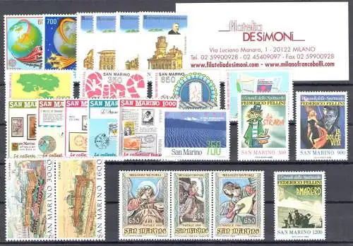 1988 San Marino, Vollständiges Jahr, neue Briefmarken 24 Werte + 1 Blatt - postfrisch**