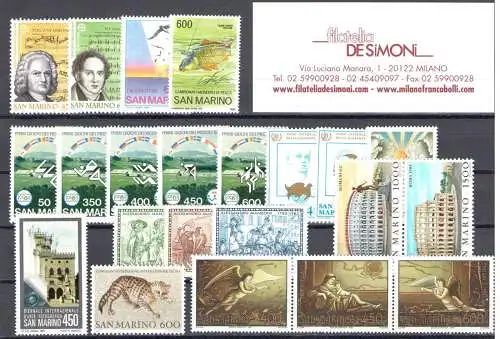 1985 San Marino, Vollständiges Jahr, neue Briefmarken 22 Werte + 1 Heft - postfrisch**