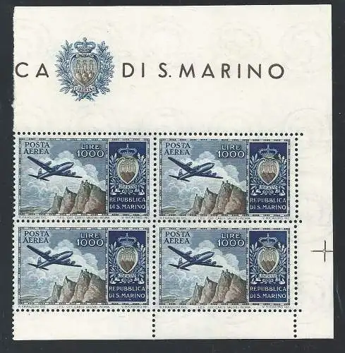1954 SAN MARINO, Flugzeug und Wappen PA Nr. 112 Lire 1.000 blau und oliv mnh ** quartina