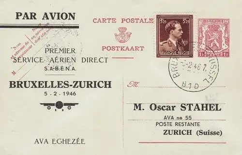 1946 BELGIEN, AK Erstflug Brüssel-Zürich