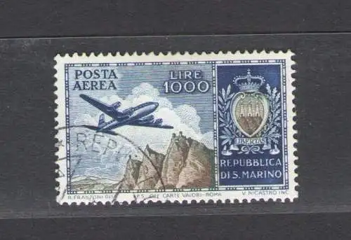 1954 SAN MARINO, Luftpost, Nr. 112, Flugzeug mit Sicht und Wappen, 1.000 Lire blau und oliv GEBRAUCHT