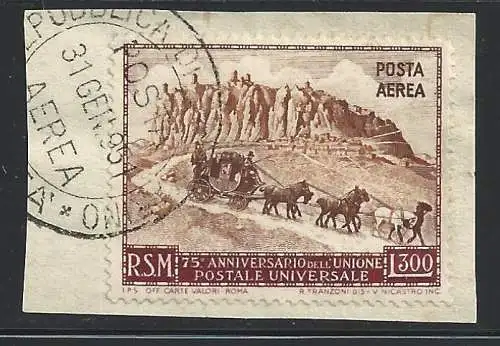 1951 SAN MARINO, PA Nr. 95 300 Lire braun-rot und braun STORNIERUNG Erster Ausgabetag