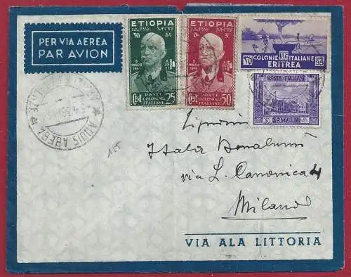 1937 ERITREA, Frankiertes Schreiben Nr. 208 + Äthiopien Nr. 3-5 Somalia Nr. 221