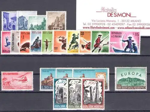 1961 San Marino, Vollständiges Jahr, neue Briefmarken 22 Werte + 2 Blätter (Hubschrauber + Europa 1961) - postfrisch **