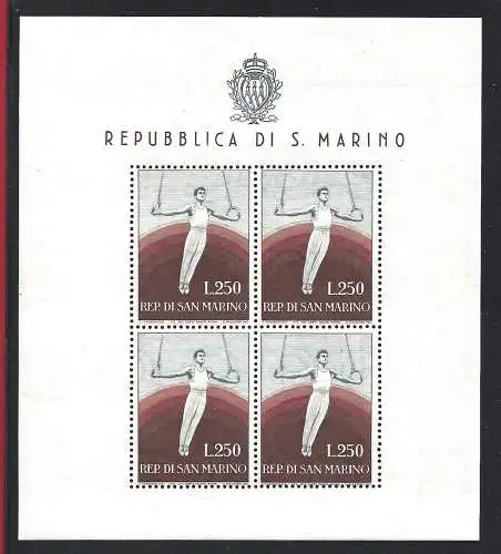 1955 SAN MARINO, Blatt Nr. 17, Turnerin, postfrisch**, Zertifikat Philatelia De Simoni