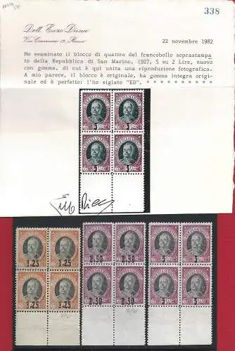 1927 SAN MARINO, Nr. 130/132 MNH/** VIERTEL BLATTRAND Zertifikat. E.Diena
