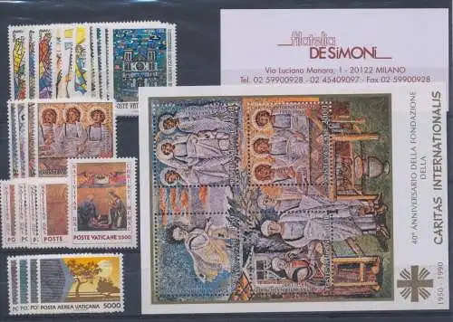 1990 Vatikan, neue Briefmarken, Vollständiges Jahr 23 Werte + 1 Blatt - postfrisch **