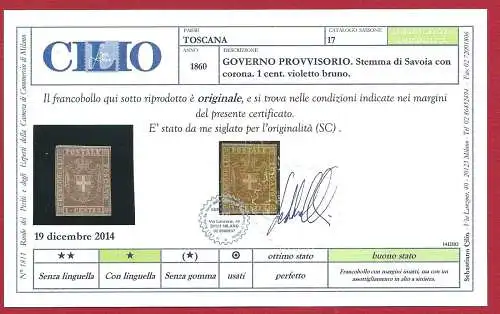 1860 TOSKANA, Nr. 17 1 Cent. violett braun LINGUELLATO /* Cilio zertifiziert
