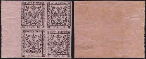 1852 MODENA, Nr. 2 10 Cent. rosa VIERTEL BLATTRAND POSTFRISCH/** Zertifikat. Luftpolster
