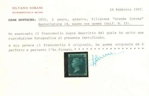 1855 Großbritannien, Nr. 15 - 2 Pence blau gezahnt 14 Sorani zertifiziert - MLH *