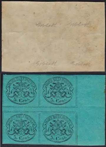 1867 Kirchenstaat, Nr. 16 5c. blaugrün MNH/** QUARTINA C. Bolaffi