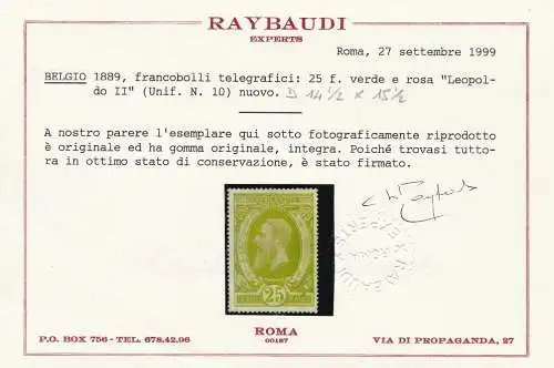 1889 Belgien - COB Katalog Briefmarken für Telegrafen Nr. 10A - 25 Franken grün und rosa - postfrisch** Rarität