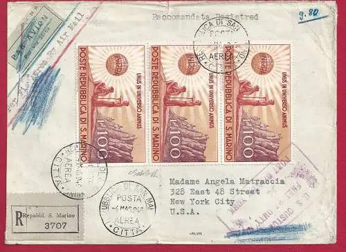 1946 SAN MARINO, Nr. 296 UNRRA (x5) + Nr. 295 auf Reisebrief nach New York