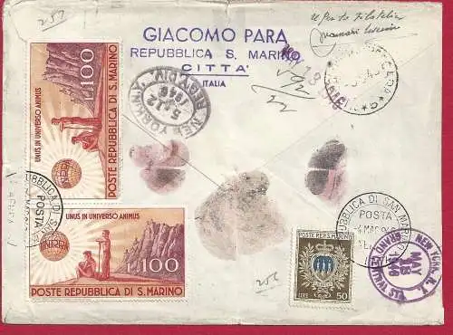 1946 SAN MARINO, Nr. 296 UNRRA (x5) + Nr. 295 auf Reisebrief nach New York