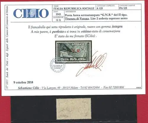 1944 RSI, Luftpost Nr. 125, 2 Lire Schiefer, mnh** CILIO-Zertifikat