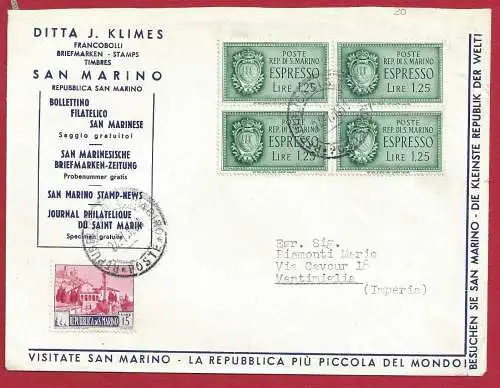 1951 San Marino - Espressi, Brief von 1951 mit Espresso Nr. 9 in Viertel