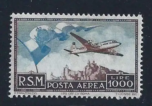 1951 SAN MARINO Luftpost Nr. 99 Flagge postfrisch ** Centratissimo Cert De Simoni