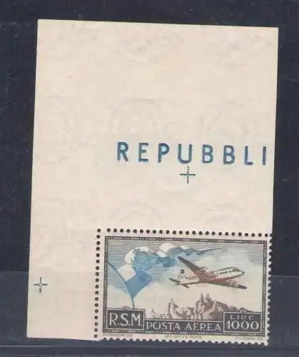 1951 SAN MARINO, Luftpost, 1000 Lire, Nr. 99 Flagge MNH**, zertifiziert Enzo Diena Angolo