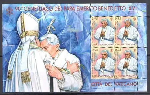 2017 Vaticano Blatt 90. Genetliak des emeritierten Papstes Benedikt XVI. postfrisch **