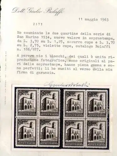 1934 SAN MARINO Palazzetti in Quartina Nr. 184/85 mnh/** Zertifikat. Giulio Bolaffi