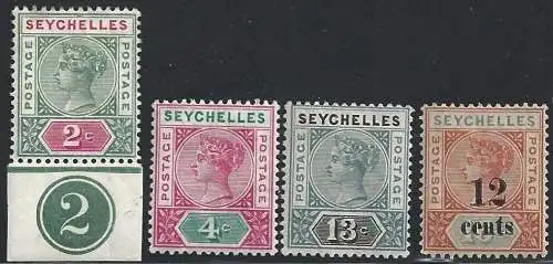 1890-93 SEYCHELLEN - SG 9/10/13/17 Die II 4 MLH/* Werte