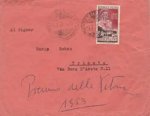 1953 TRIEST A - Nr. 177 isoliert auf Reisebrief in den ersten Tagen der Nutzung