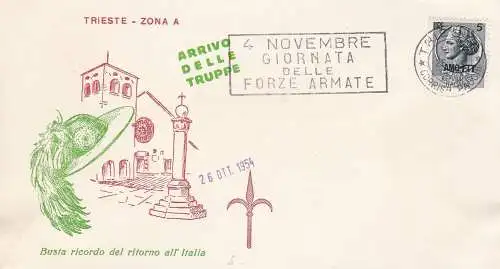 1954 TRIEST A - Nr. 168 auf Erinnerungsumschlag an die Rückkehr nach Italien