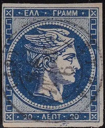 1861-62 Griechenland, Nr. 14Aa 20 dunkelblaue Lepta GEBRAUCHTE ZAHLEN AUF DER RÜCKSEITE