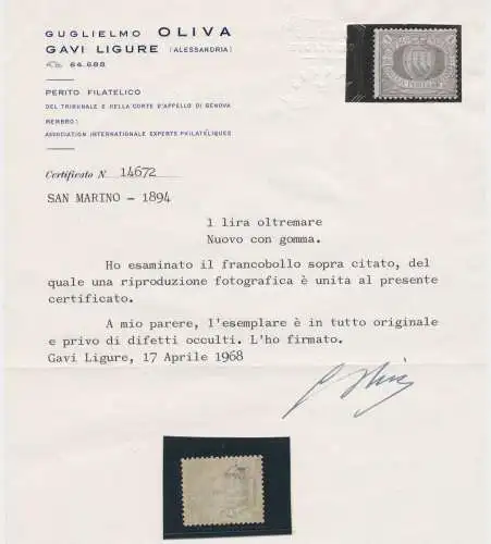 1894 SAN MARINO, Nr. 31 LIRA AZZURRA LINGUELLATA MLH * Zertifikat. OLIVE
