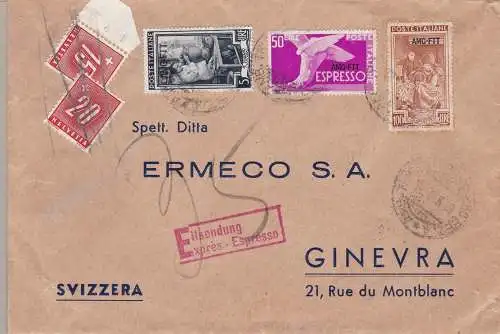 1953 TRIEST A - Nr. 92+ 106+ Ex 7 per Brief in die Schweiz. Stornierung der Ankunft.