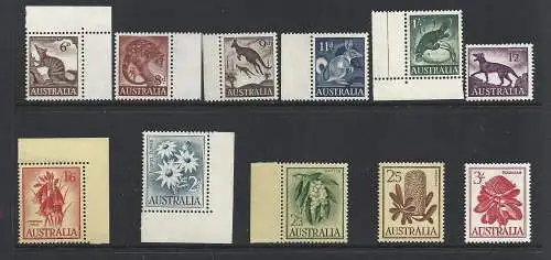 1959-62 AUSTRALIEN Yvert Nr. 253A/259 Gewöhnliche Tiere und Blumen 11 postfrisch Werte **