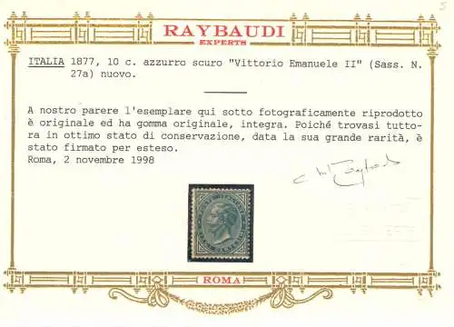 1862 KÖNIGREICH Nr. 27a Vit Emanuele II 10 Cent dunkelblau postfrisch** Raybaudi Gold Cert