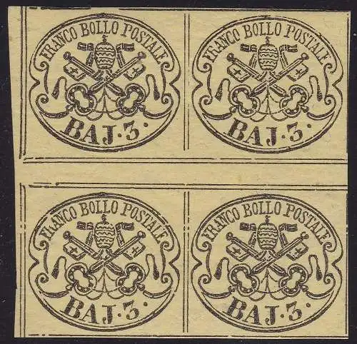 1852 Kirchenstaat, 3 baj gelb chrom Nr. 4A QUARTIN MIT ZWISCHENRAUM Zertifikat. Luftpolster **