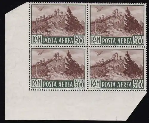 1951 SAN MARINO, Luftpost, Nr. 97, Lire 500 braun postfrisch ** quartina luxus