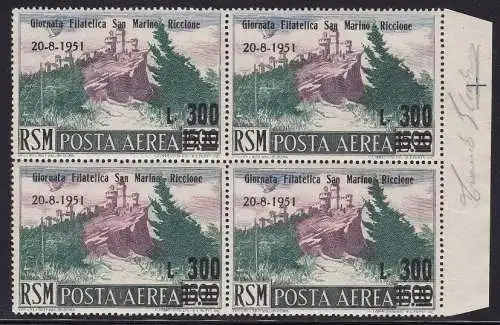 1951 SAN MARINO, Luftpost, Nr. 98 Lire 300 von 500 grün und lila braun MNH ** QUARTINA