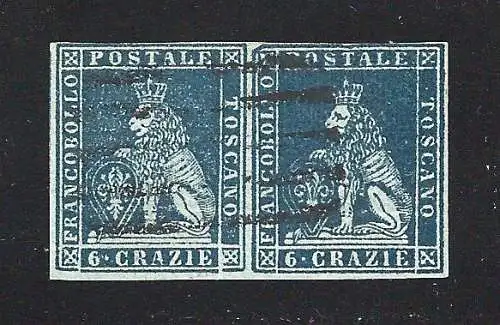 1851-52 TOSKANA, Nr. 7a 6 cr. Indigo auf blau GEBRAUCHTES PAAR signiert A.Diena