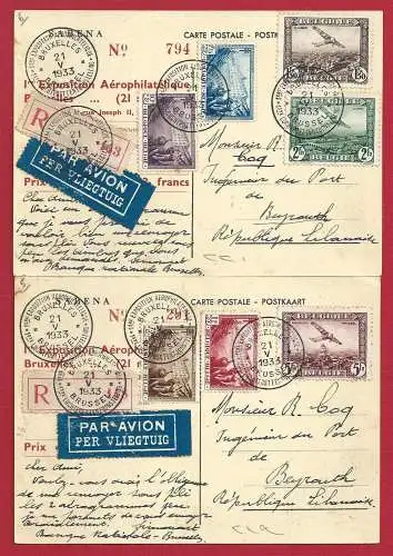 1930 Belgien - Luftpost Nr. 2/4+356+358/360 auf 2 SABENA Postkarten