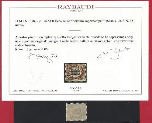 1878 Italien, Nr. 35 MNH Überdruckter Service** Raybaudi zertifiziert