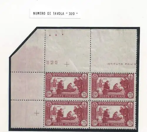 1931 Italien - Königreich, St. Antonius, Nr. 299 Rara Quartina, postfrisch** quartina mit tabellennummern