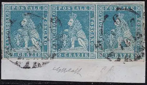 1851-52 TOSKANA, Nr. 5d - 2 Verrückte blau auf grau, DREISTREIFEN AUF FRAGMENT, Giulio Bolaffi